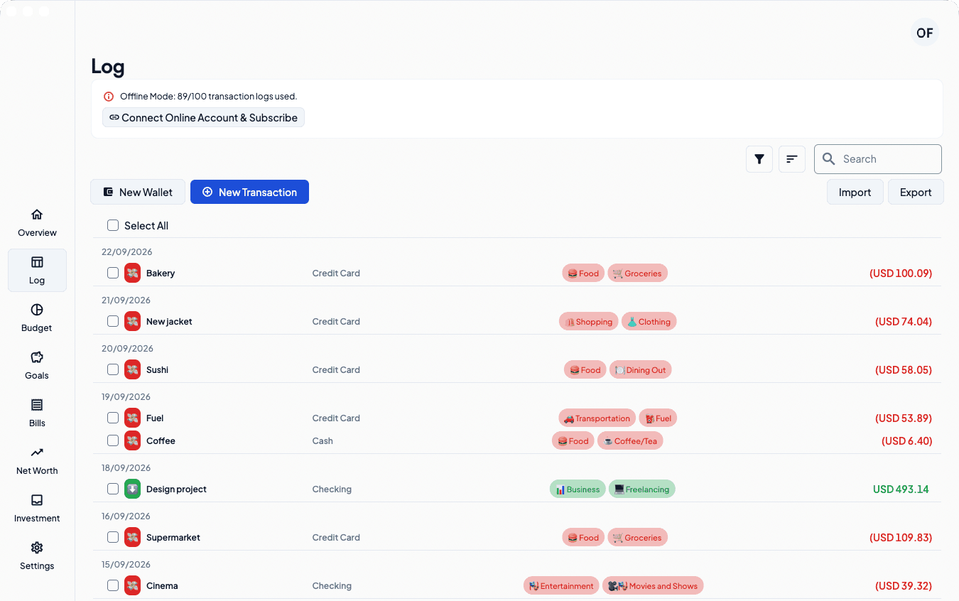 8udget log of dated expenses, each tagged with a category