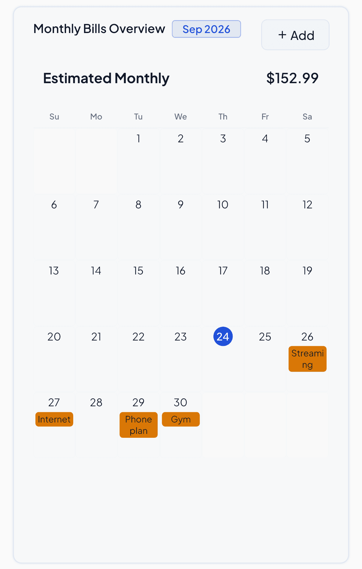 8udget bills calendar with this month's bills on iPhone