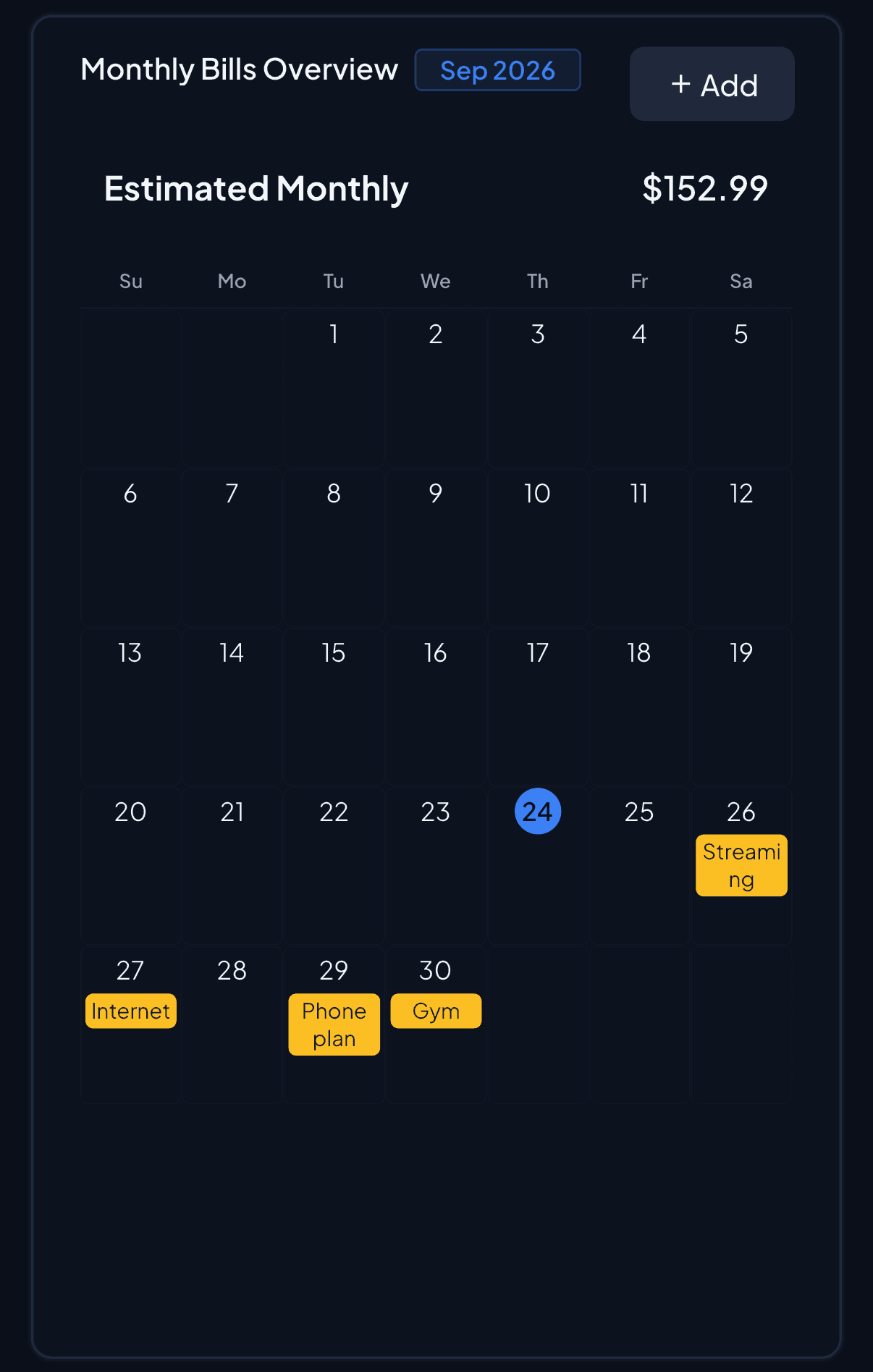 8udget bills calendar with this month's bills on iPhone