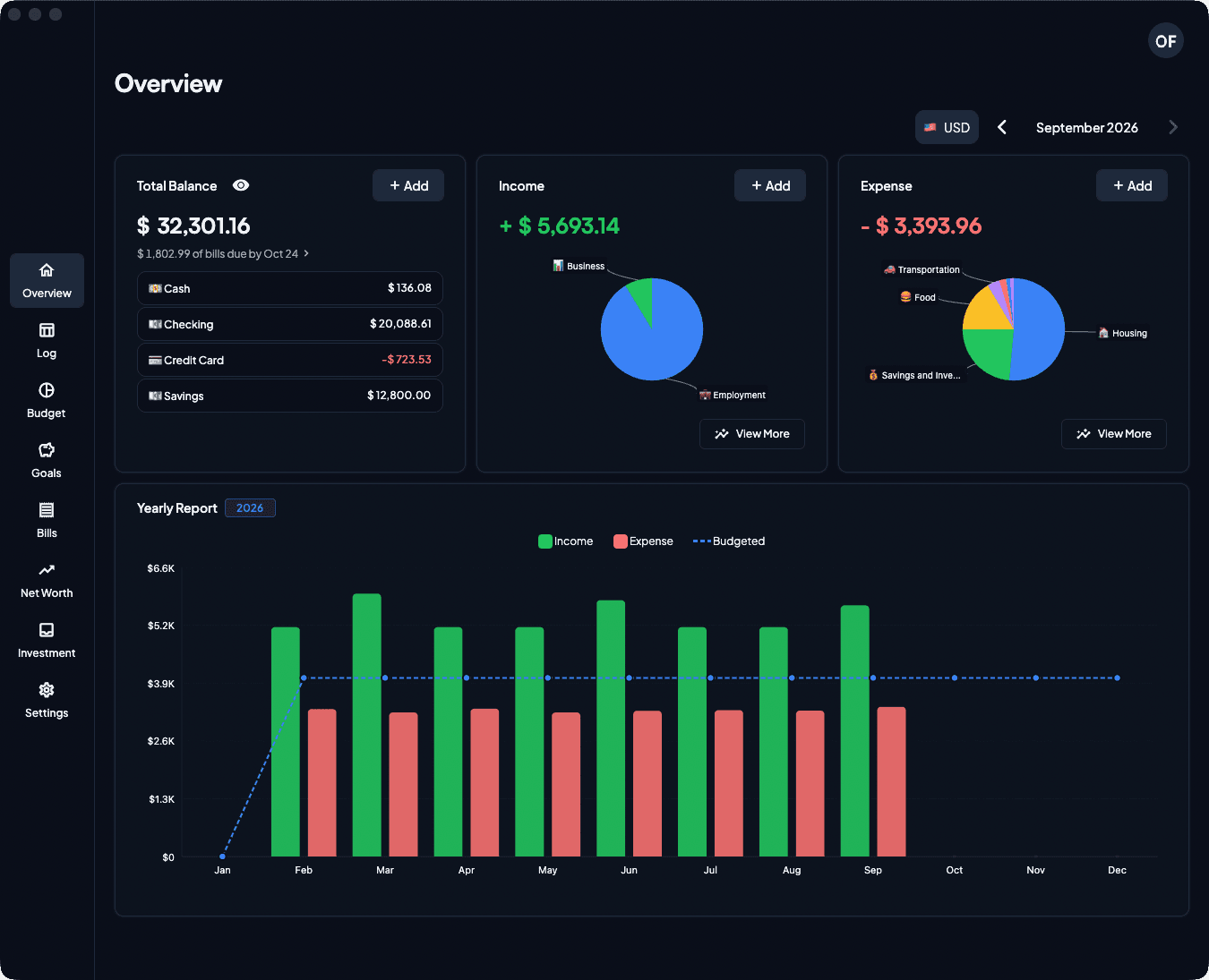 The 8udget home screen showing balances and recent activity